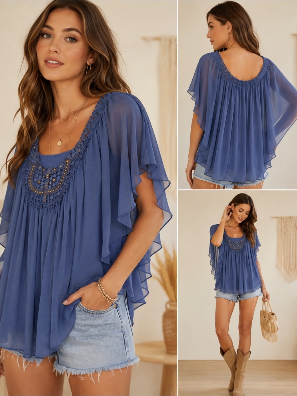 Nwt Nine West Vintage America Camillia Boho Chiffon Top Xl Periwinkle
